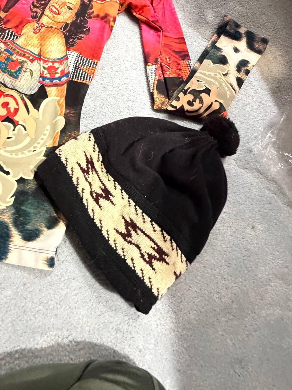 Bogner Black Pom-Pom Beanie with Cream and Dark Brown Pattern